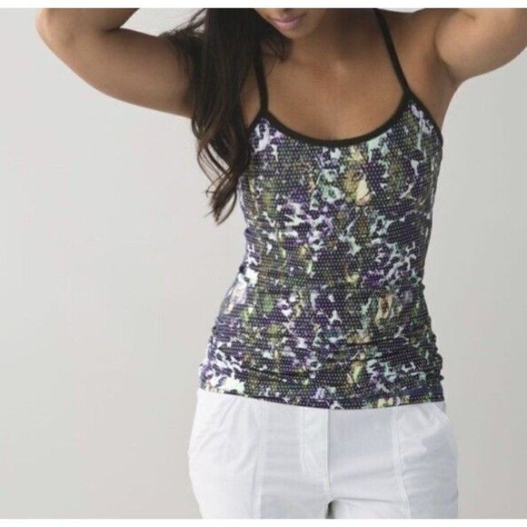 Lululemon Power Y Tank Luon Floral Sport White Multi/Gator Green Yoga Size 4 - Picture 8 of 12
